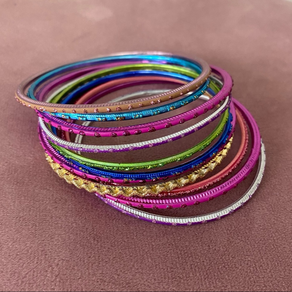 11 MULTI COLOURED SPARKLY BANGLE BRACELETS